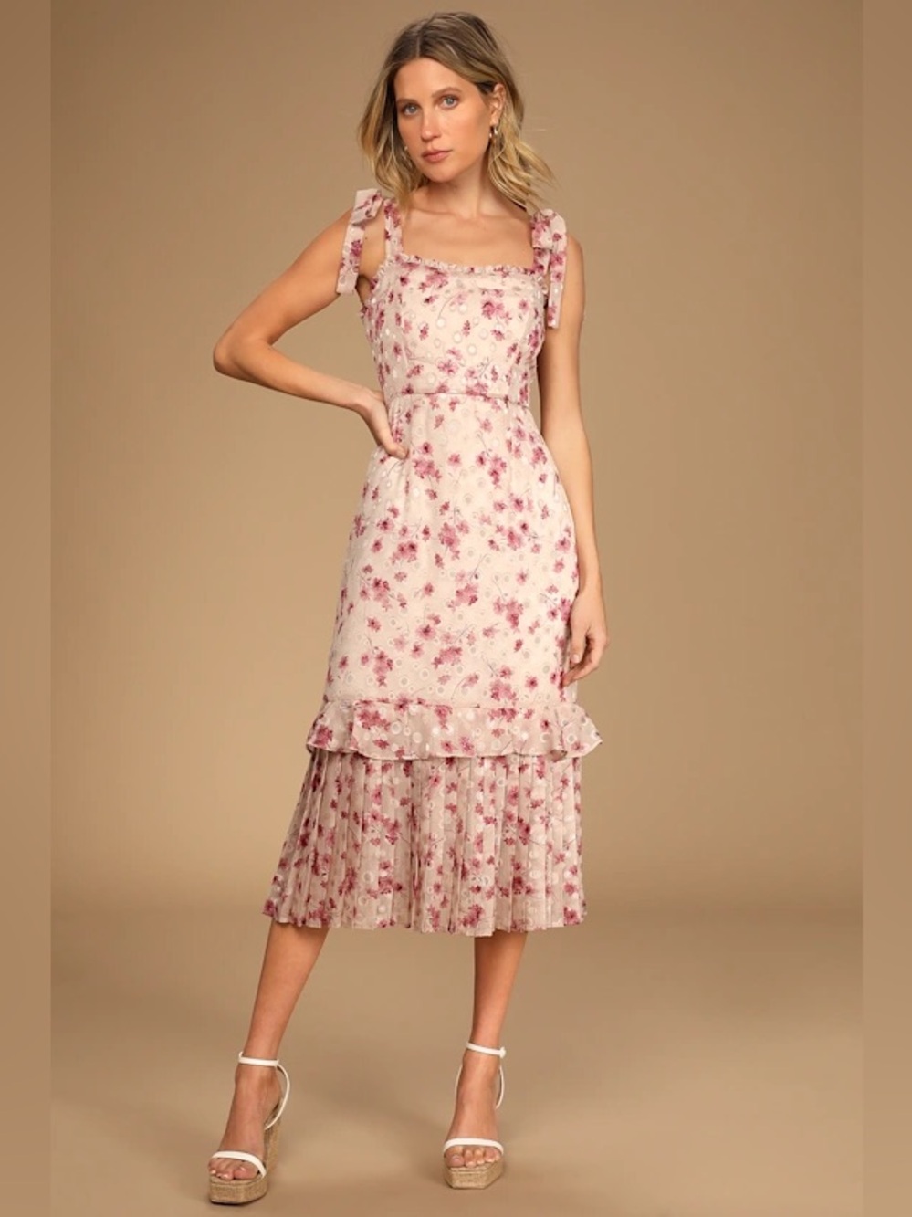 NWT Lulu's Terrace Views Taupe Floral Print Tiered Midi Dress Wedding Formal